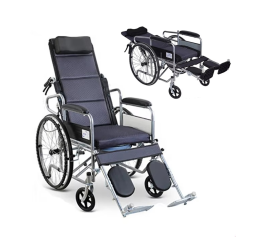 Folding wheelchair with reclining backrest and lying position